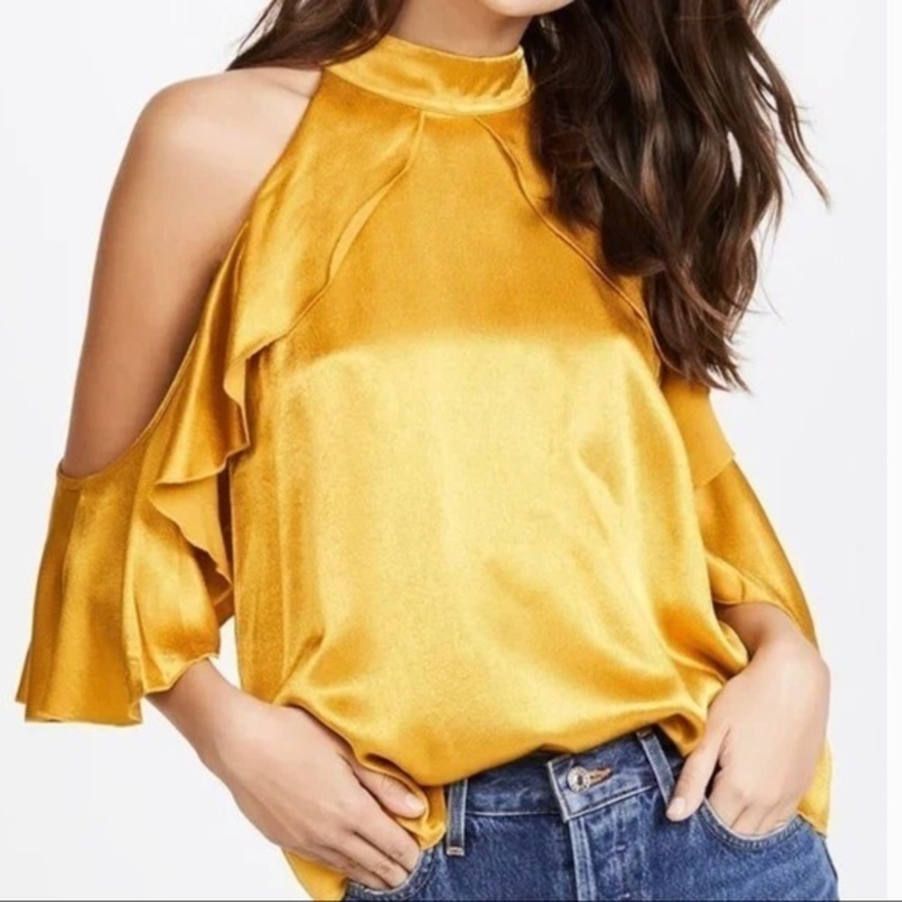 NWT Ella Moss Bianka‎ Cold-Shoulder Ruffle Top, Gold Shimmer, Size Small